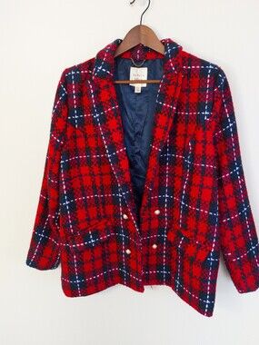 Autres Filles Red Plaid Double Breasted Tweed Blazer Jacket Size M Pearl Buttons